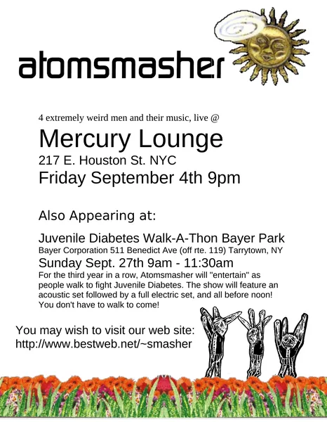Atomsmasher flyer: Mercury Lounge, September 4, 1998, plus the JDF Walk-A-Thon