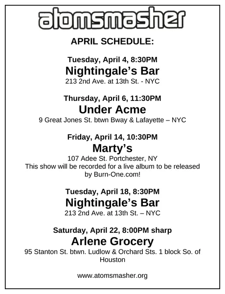 Atomsmasher flyer: April 2000, Under Acme, Marty’s, Arlene Grocery and Ed’s solo nights