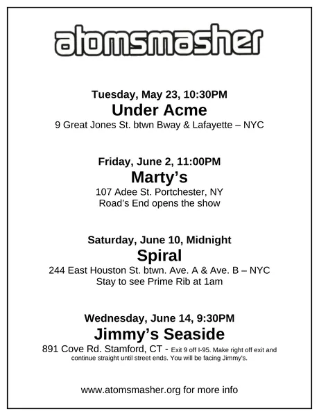 Atomsmasher flyer: May–June 2000, Under Acme, Marty’s, The Spiral, Jimmy’s Seaside