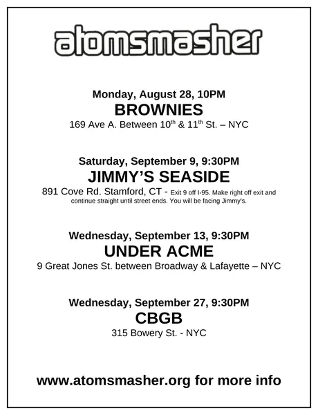 Atomsmasher flyer: August–September 2000, Brownies, Jimmy’s Seaside, Under Acme, CBGB